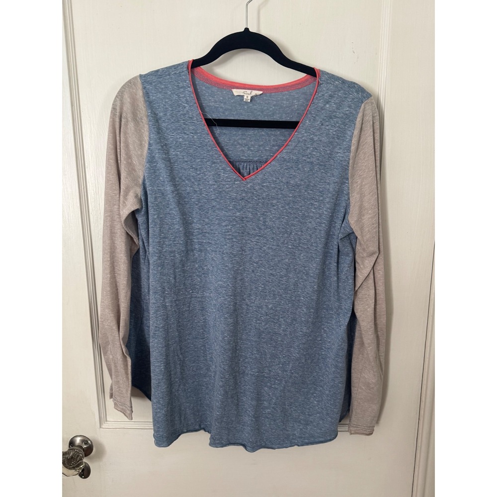 Easel Womens Long Sleeve Colorblock V-Neck Babydoll Top Blue Tan Small